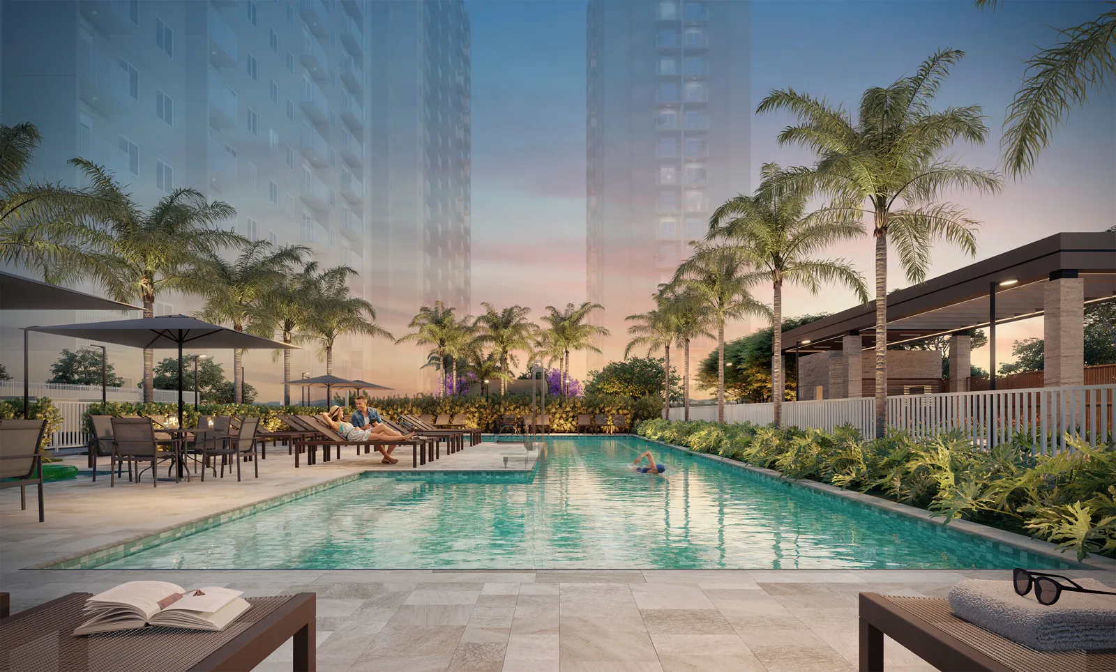 Piscina adulto ao entardecer do Natuá — perspectiva ilustrada