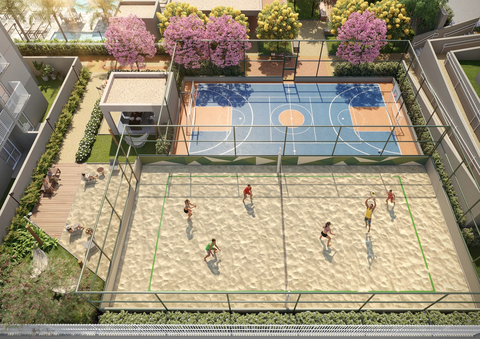 Vista das quadras de esportes do Natuá — perspectiva ilustrada