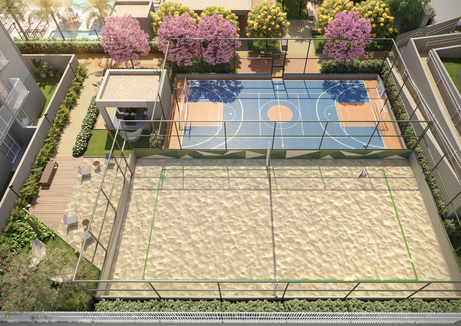 Quadras de esportes e areia do Natuá — perspectiva ilustrada