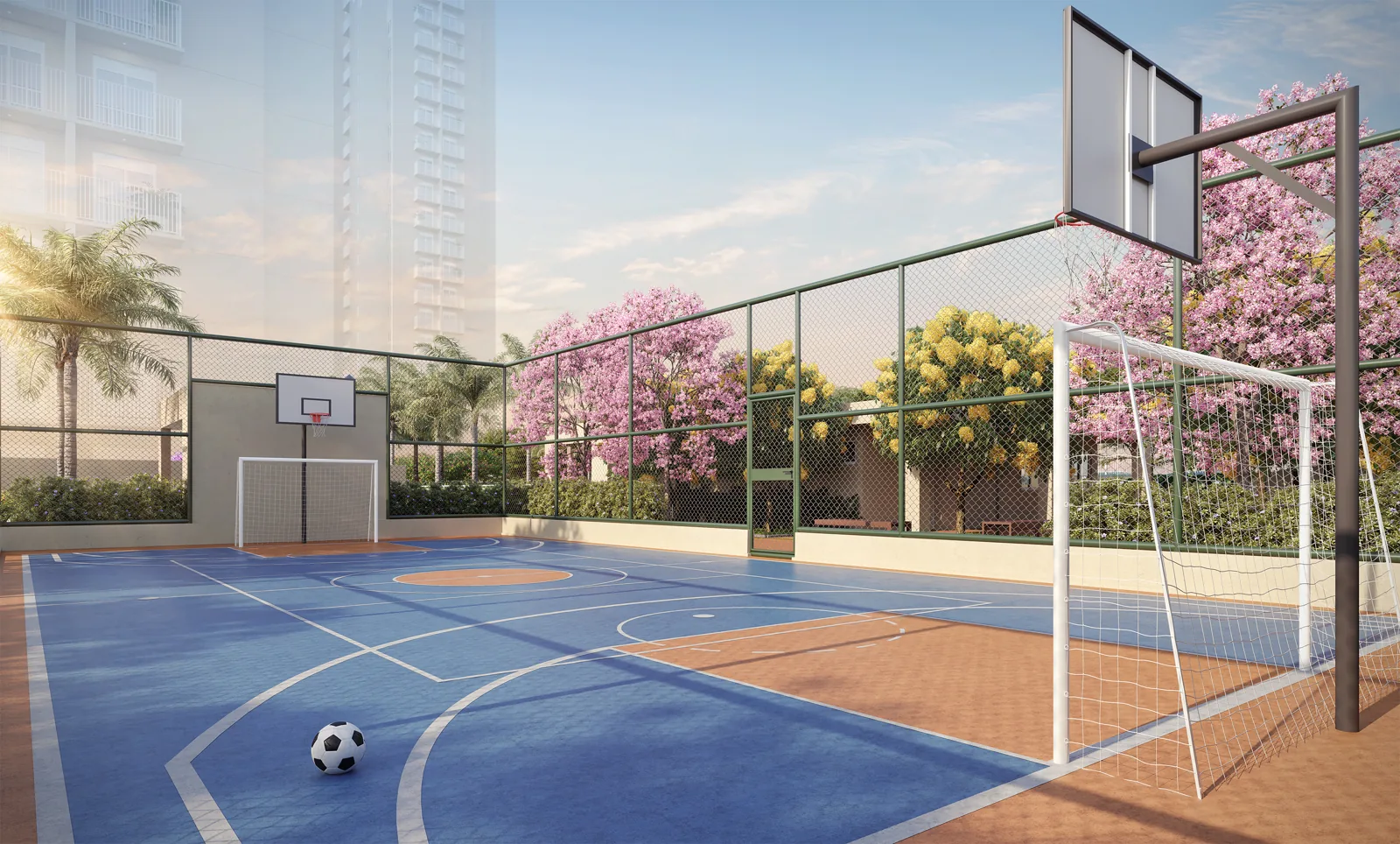 Quadra esportiva — vista do acesso do Natuá — perspectiva ilustrada