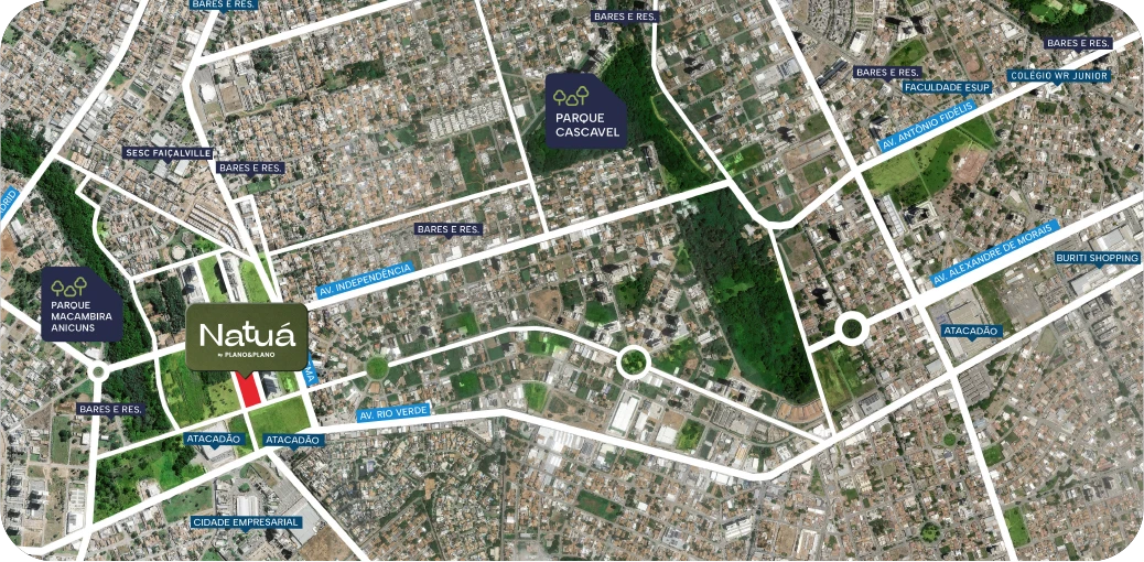 Mapa do Natuá, com parques, comércios e serviços do Faiçalville
