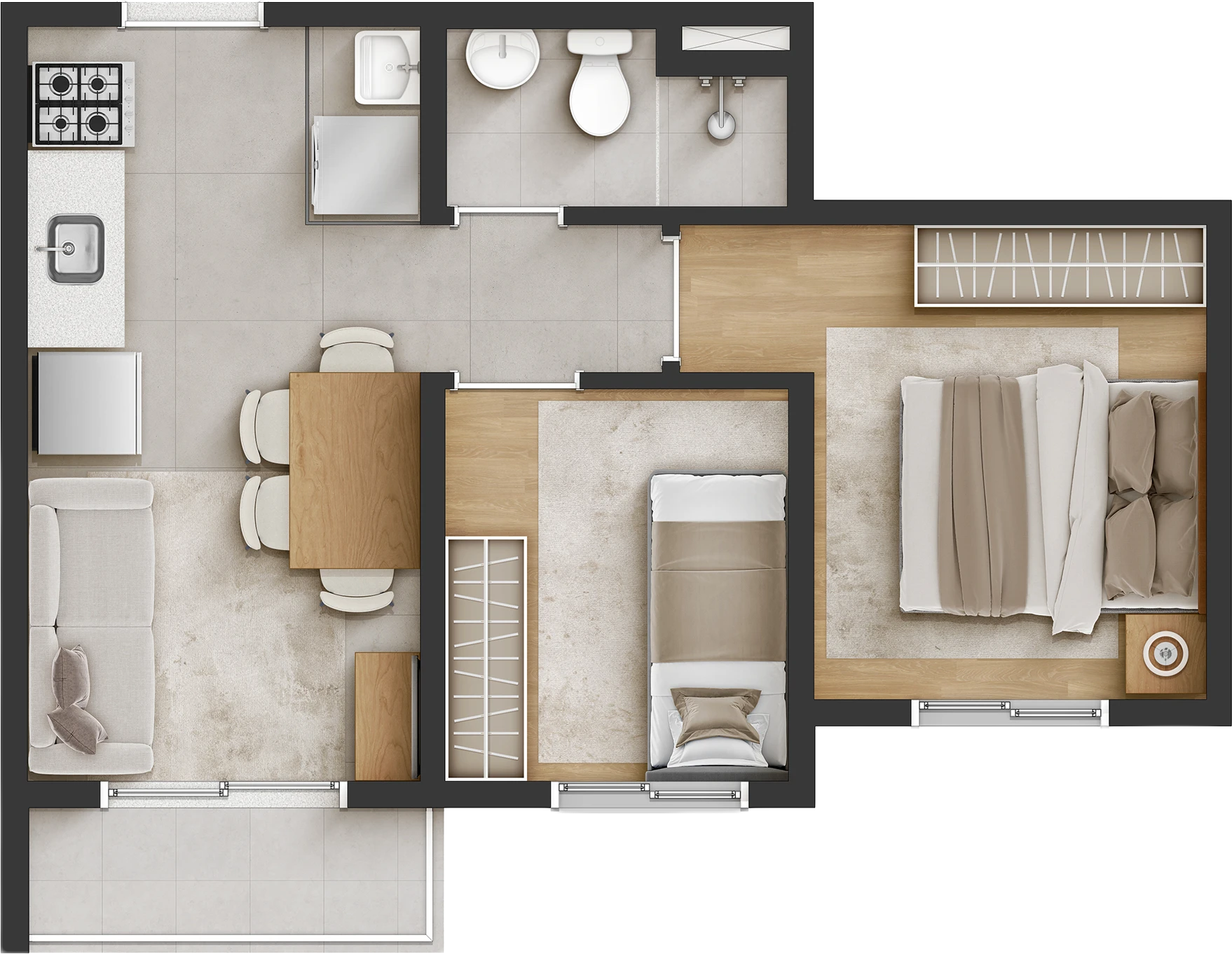 Planta humanizada de apartamento com dois quartos e varanda